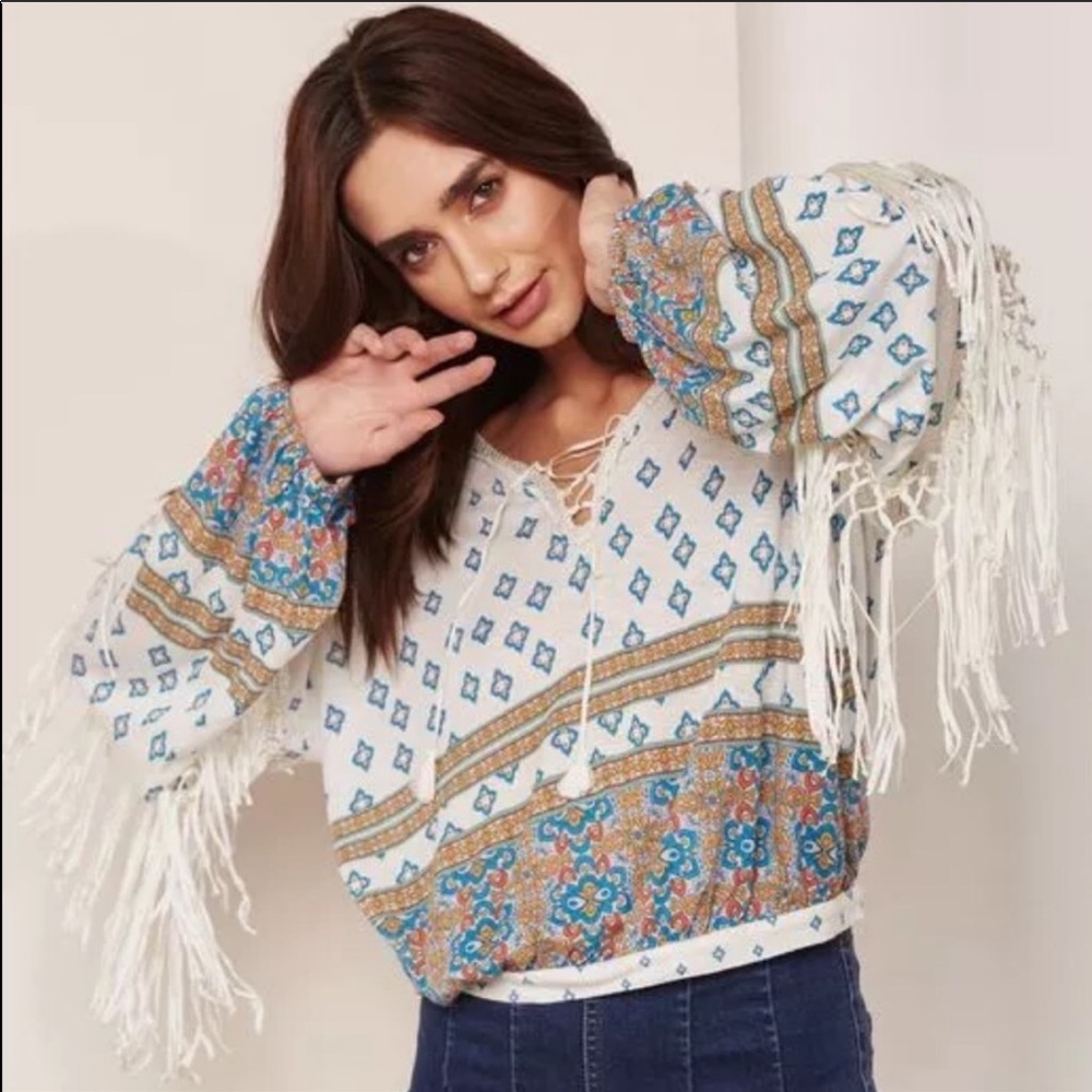 Free People Fringe Print V-neck Top
